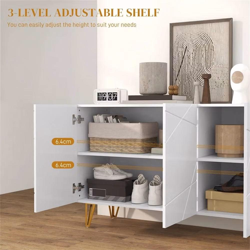 KORVIXA Modern Glossy White and Gold Freestanding Kitchen Storage Cabinet with Hinged Doors and Internal Shelves, W: 100 cm, D: 15 cm, H: 15 cm – 3