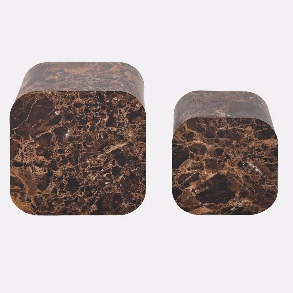 OHS Set of 2 Square Marble Effect Coffee Tables in Chocolate Brown – 2