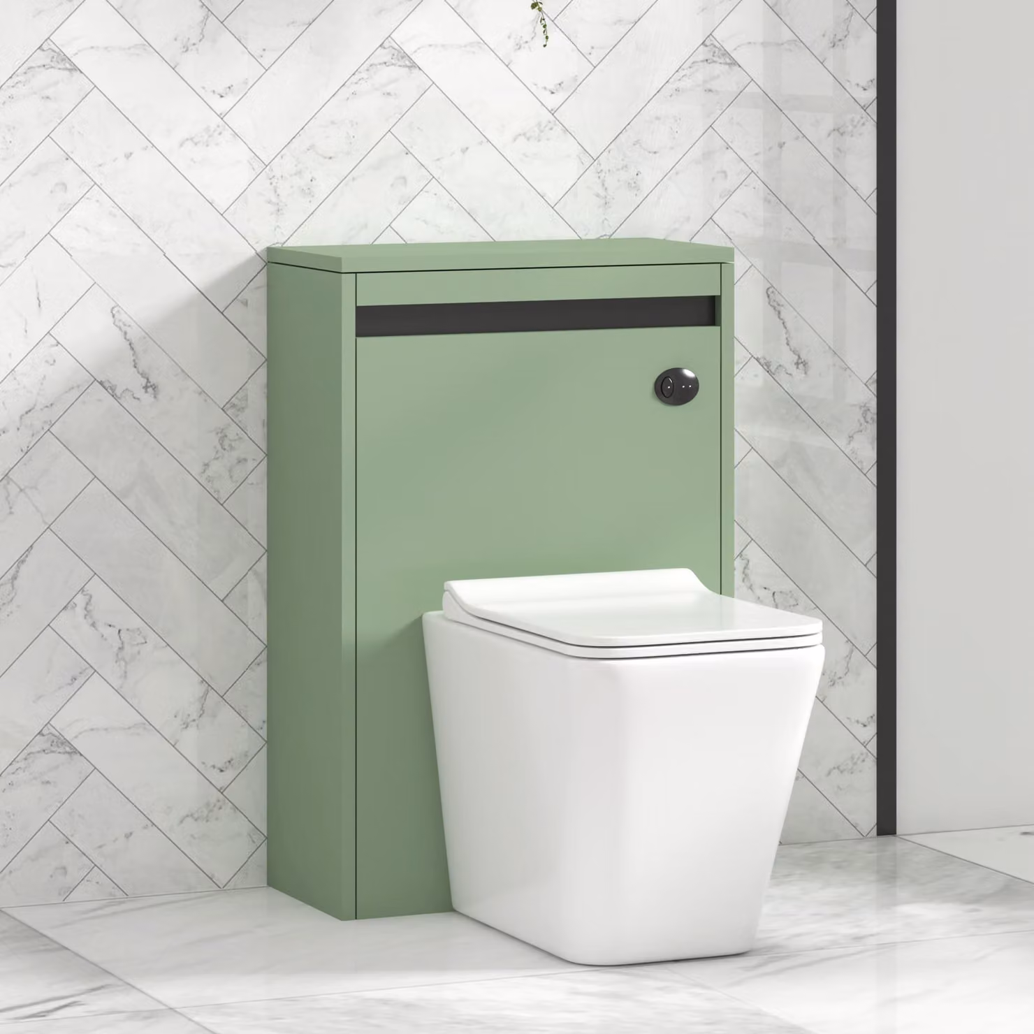 Royal Bathrooms Orion Mint Sage Wall Mounted WC Unit with Elena Rimless Ceramic Toilet Pan, Slim Soft Close Seat and Cistern, Black Accent Trim, Width: 54 cm
