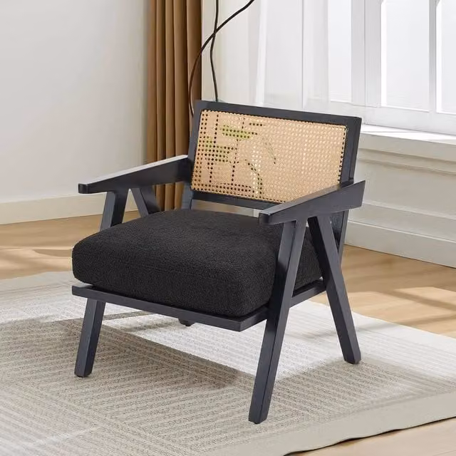 GarveeHome SPETLEK Mid-Century Farmhouse Accent Chair in Black Fabric with Wood Armrests – 1