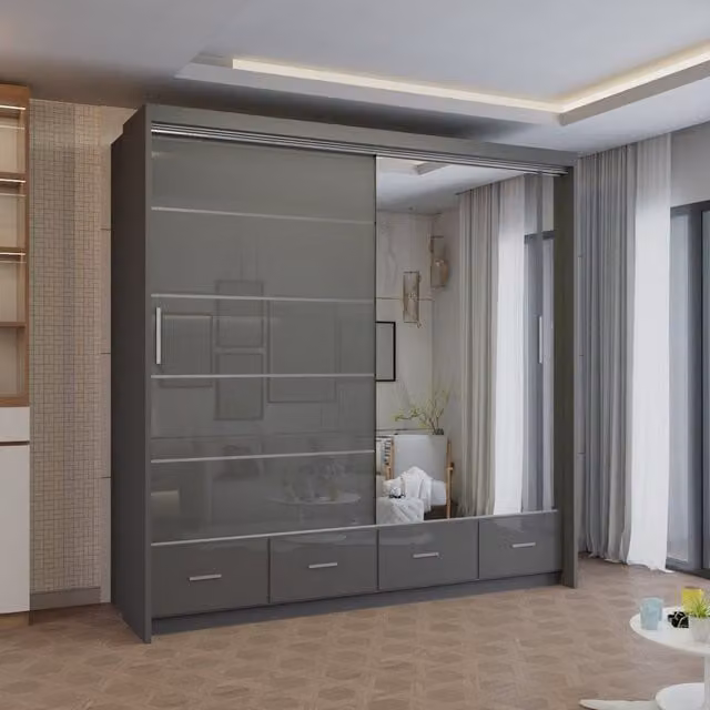Sliding Wardrobes 4U Modern High Gloss Sliding Wardrobe with Integrated LED Light in Grey, W: 208 cm, H: 220 cm