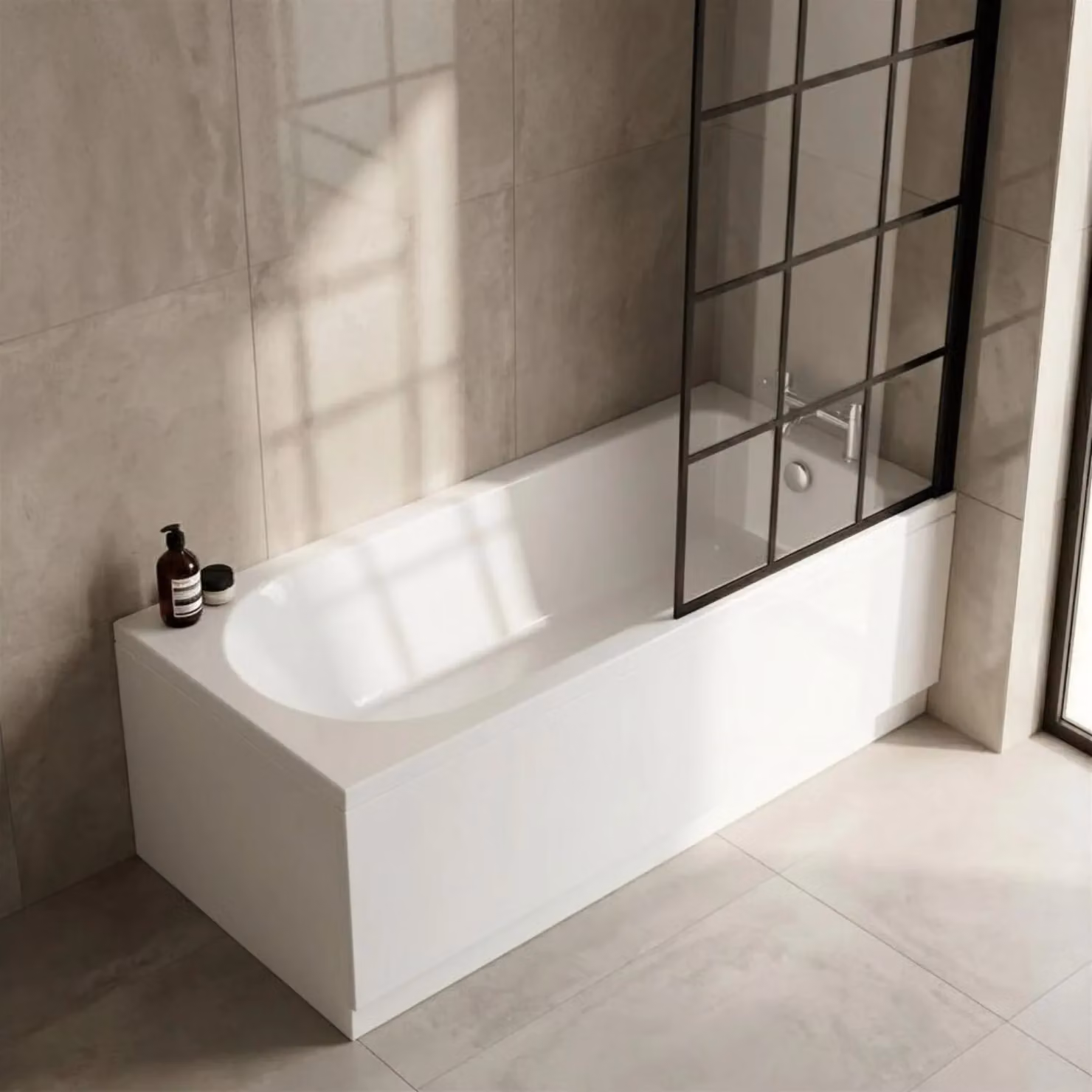 Balterley Round Floor Standing Bath Set in White with Black Square Screen and Chrome Waste, W: 170 cm, D: 70 cm – 3