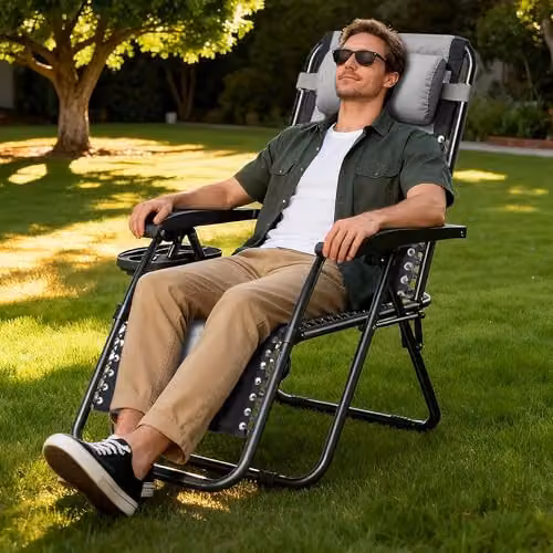 MCC Direct Set of 2 Zero Gravity Reclining Sun Lounger Chairs in Black and Grey Oxford Fabric – 2
