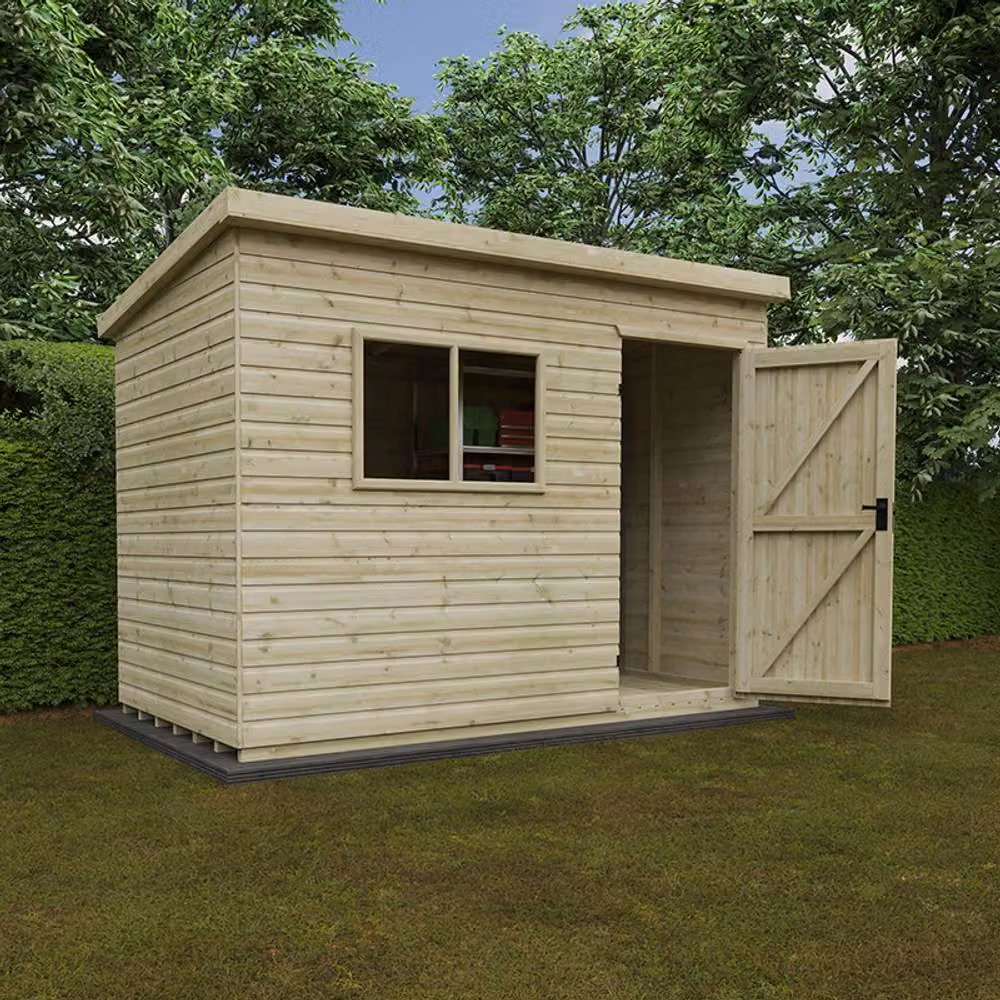Buttercup Farm Deluxe Pent Shed in Green, 16mm Tanalised Solid Wood with Single Door and Window, W: 304.8 cm, D: 182.88 cm – 2