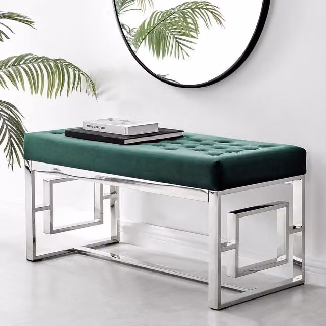 FurnitureboxUK Cambridge Modern Green Velvet and Silver Metal Bench