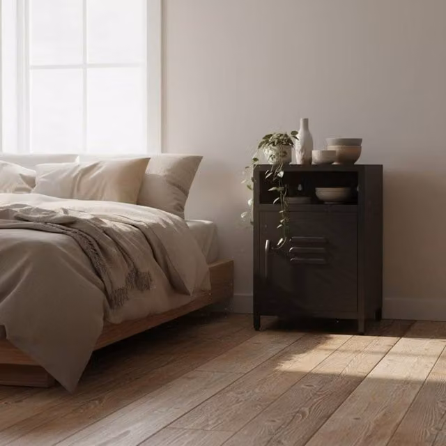 Wyld Haus Sassafras Industrial Black Metal Bedside Cabinet with 1 Hinged Door and Internal Shelves