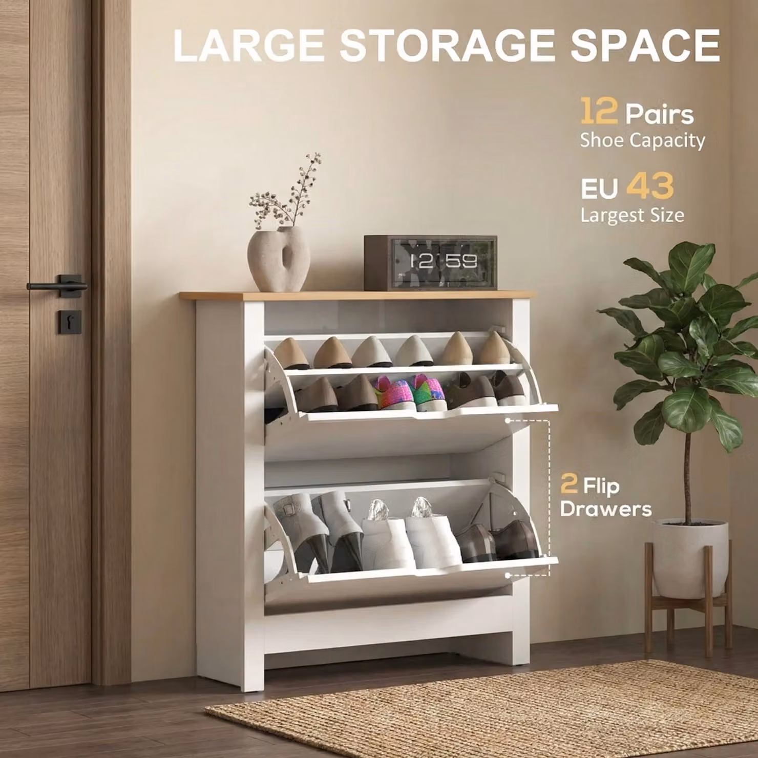 HOMCOM Slim White High Gloss Shoe Cabinet with 2 Tilting Drawers and Adjustable Shelves for 12 Pairs of Shoes – 3