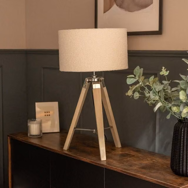 ValueLights Clipper Modern Wood and Chrome Tripod Table Lamp with Beige Fabric Cylinder Shade, Diameter: 35 cm, Height: 21 cm