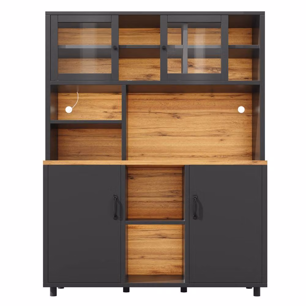 BTM Modern Black Tall Kitchen Sideboard with LED Lighting and Glass Sliding Doors, W/D/H: 140 x 40 x 185 cm – 6