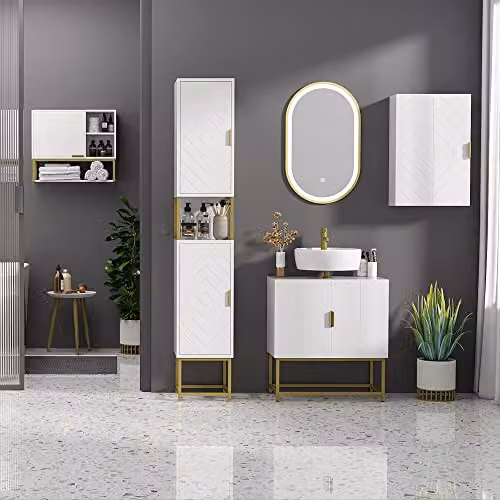 Kleankin Narrow Freestanding Bathroom Storage Cabinet with Open Shelf and Hinged Doors, White and Gold, H 170.7 x W 30 x D 30 cm – 3