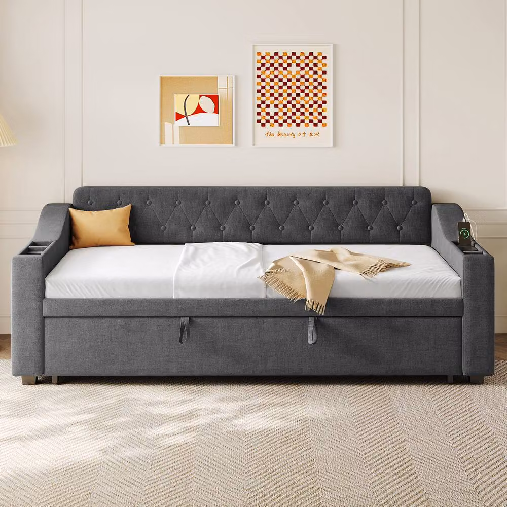 Matteo Grey Linen Upholstered 3ft Single Daybed with USB Charging Port, Side Compartments and Trundle, W/D/H: 90 x 190 cm – 2