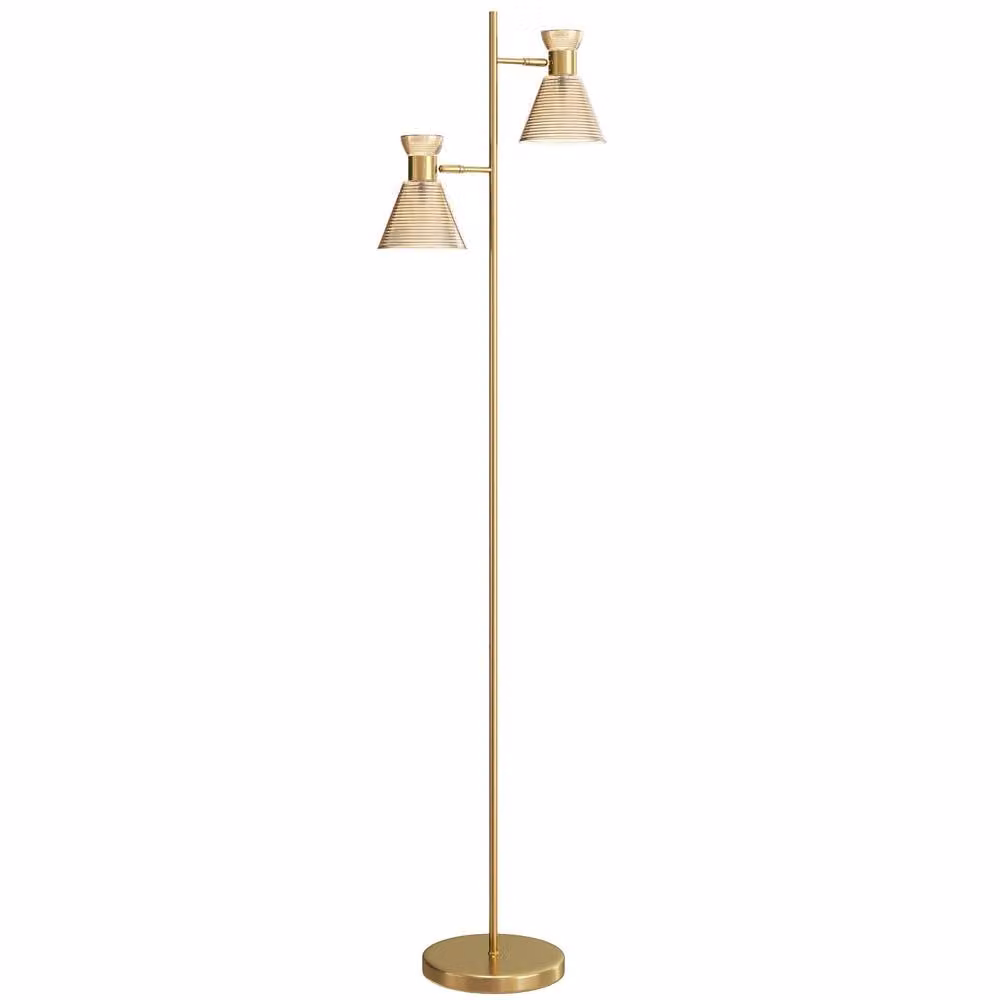 Wyld Haus Luno Dual Head Floor Lamp in Gold and Amber with Ribbed Glass Shades, H 165 cm x W 25 cm x D 25 cm – 2