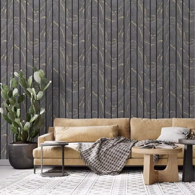 Muriva Modern Geometric Woodgrain Panel Look Wallpaper in Anthracite and Gold