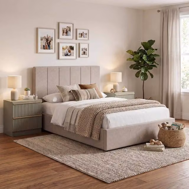 FWStyle Hoscar Double Ottoman Lift Up Bed Frame in Beige Upholstered Fabric, W/D/H: 140 x 200 cm