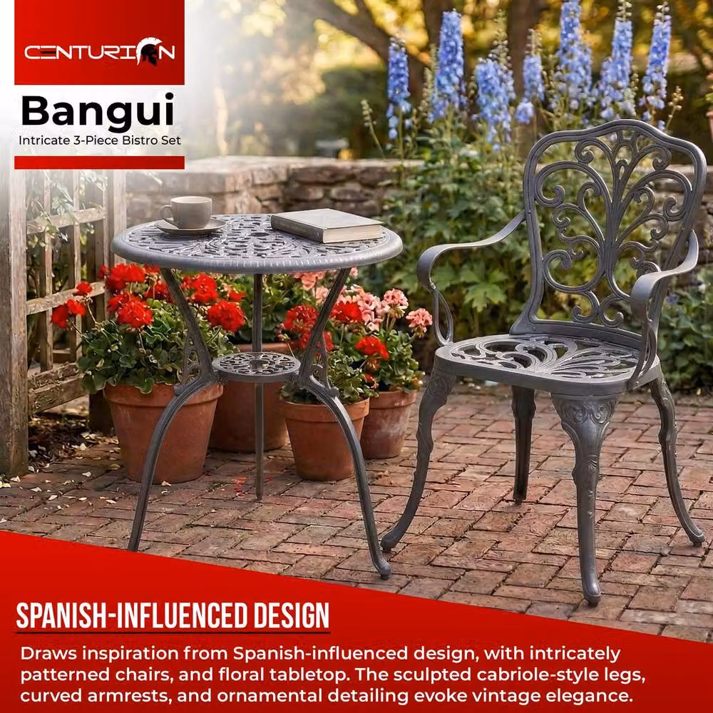 Centurion Supports BANGUI 3 Piece Cast Aluminium Garden Bistro Set in Grey with Table and 2 Chairs – 2