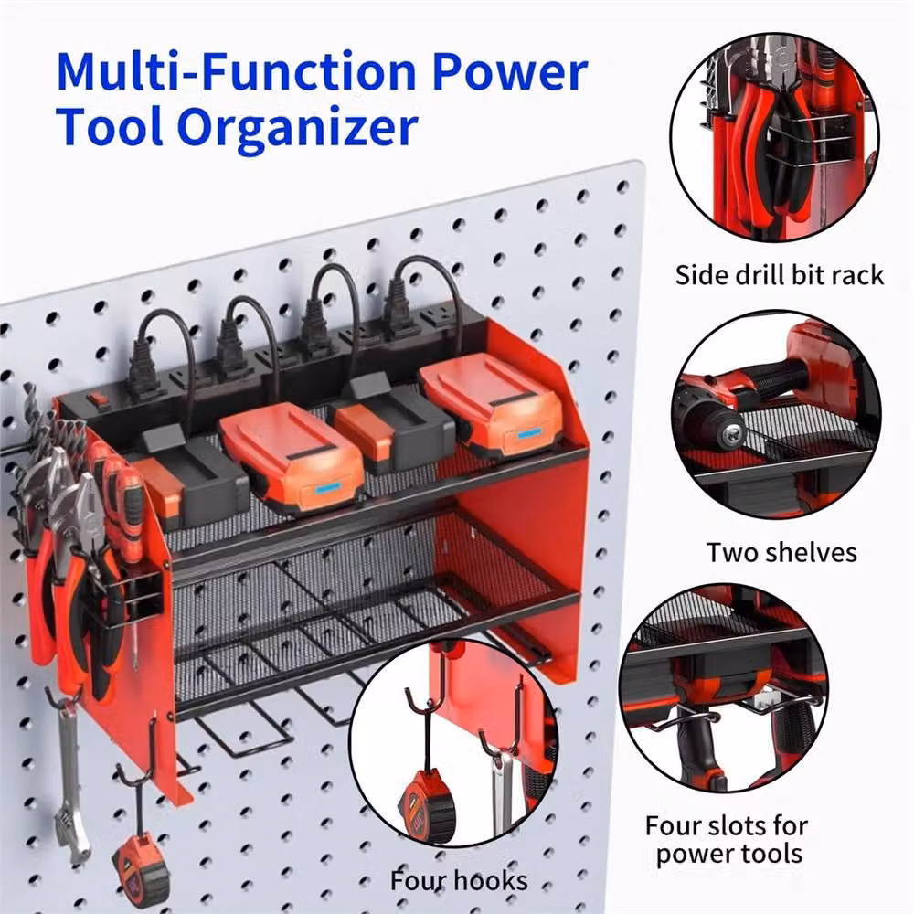 Nordara Heavy Duty Wall Mounted Power Tool and Drill Storage Rack in Red – 4