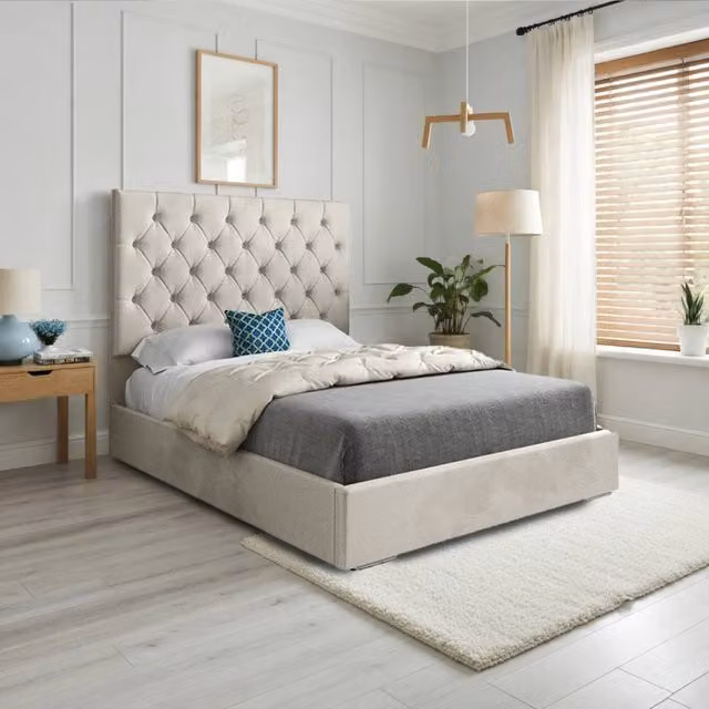 KDMD Fetcham Chesterfield Upholstered Velvet Bed Frame in Beige, W/D/H: 120 x 200 cm