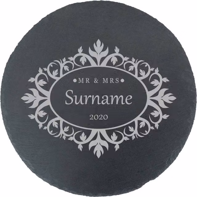 Uniqueful Personalised Round Slate Cheeseboard with Mr & Mrs Floral Design in Black