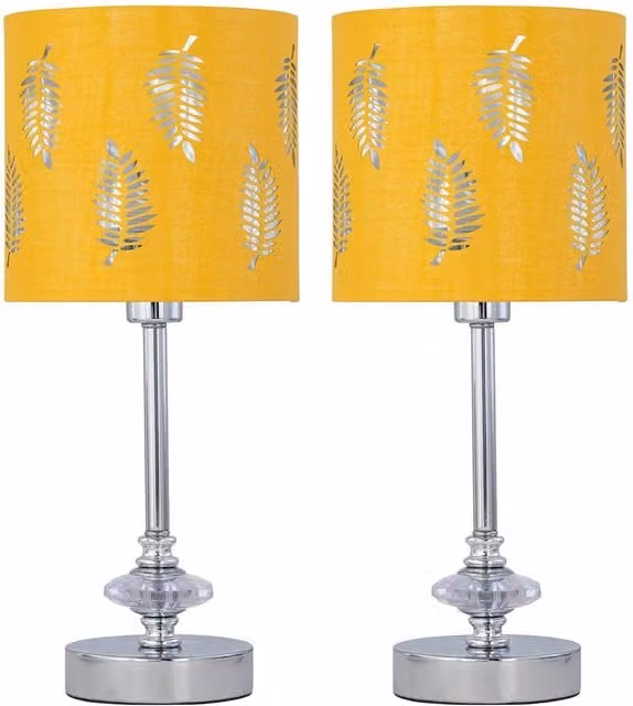 First Choice Lighting Set of 2 Chrome Jewelled Table Lamps with Ochre Yellow Fabric Shades – 1