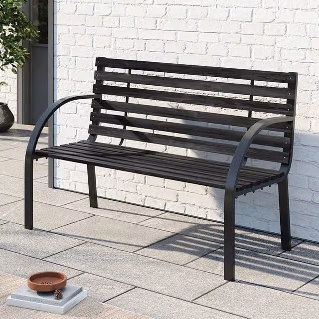Breeins Modern Matt Black Metal and Wood Outdoor Garden Recliner Bench