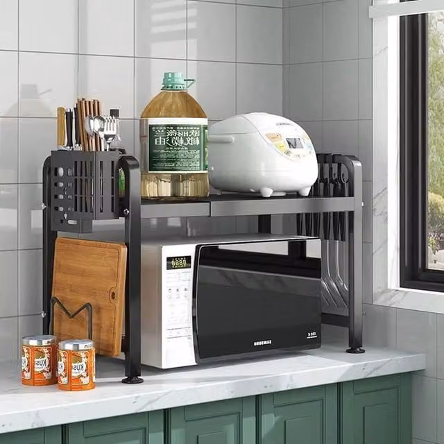 EONLION Black 2-Layer Expandable Microwave Oven Rack with Adjustable Shelves, Width: 100 cm – 1