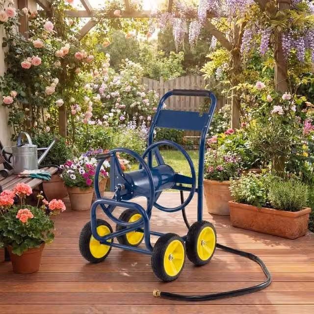 Costway 4-Wheel Garden Hose Reel Cart, Powder-Coated Metal Water Hose Organiser in Blue – 1