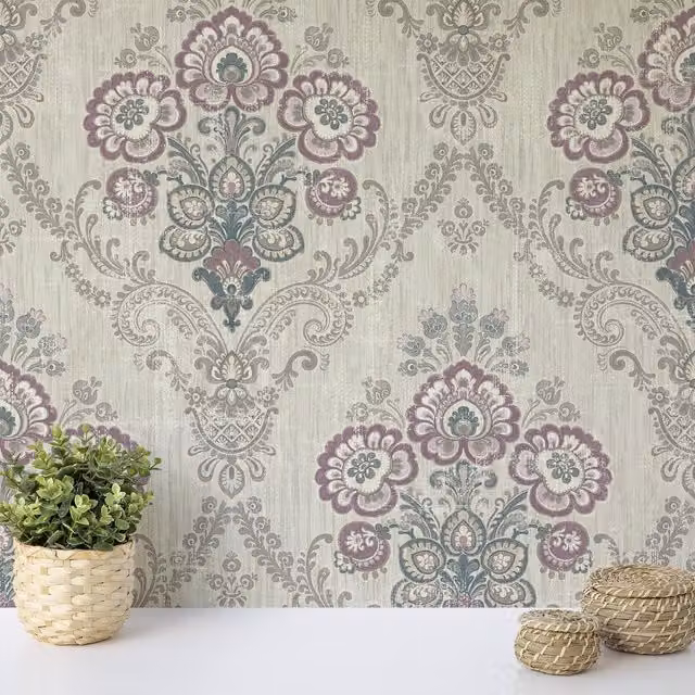 Wallquest Paisley Botanical Ethnic Vinyl Wallpaper in Purple, Red and Petrol