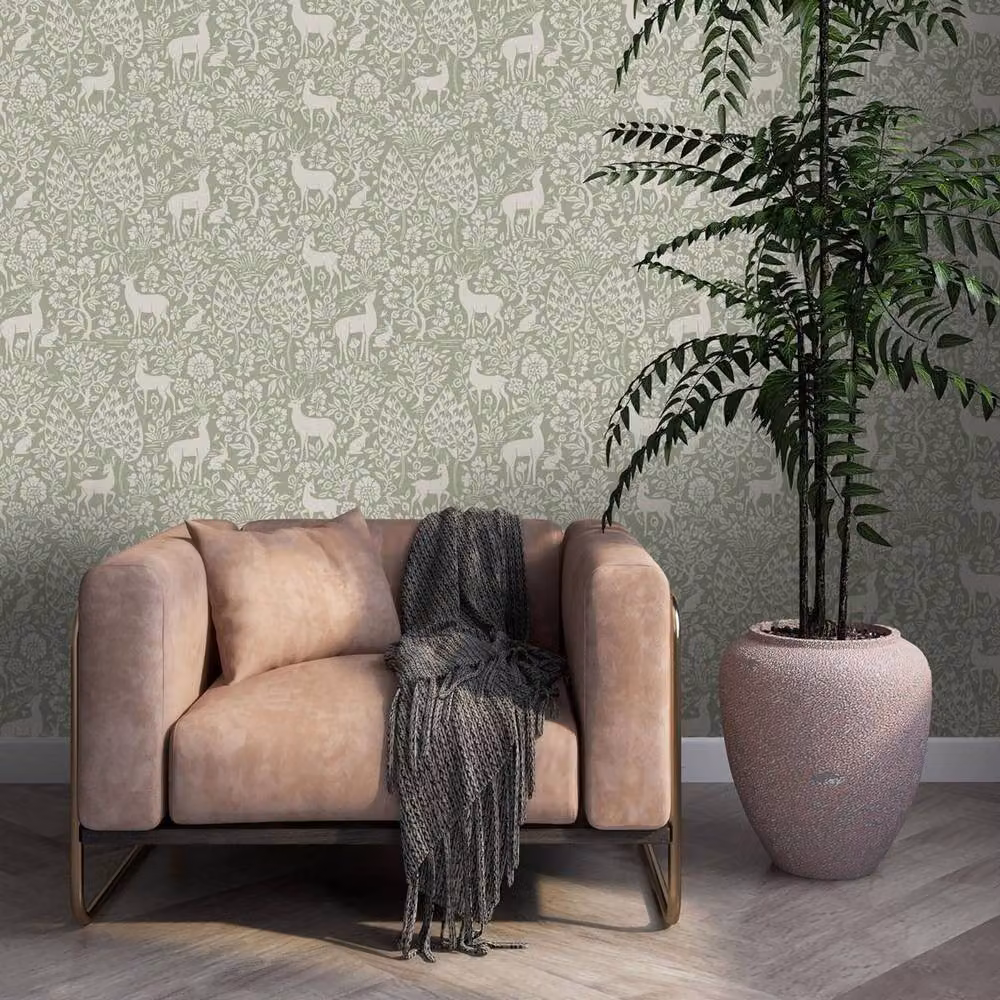 Holden Decor Green Deer and Botanical Floral Wallpaper Roll – 2