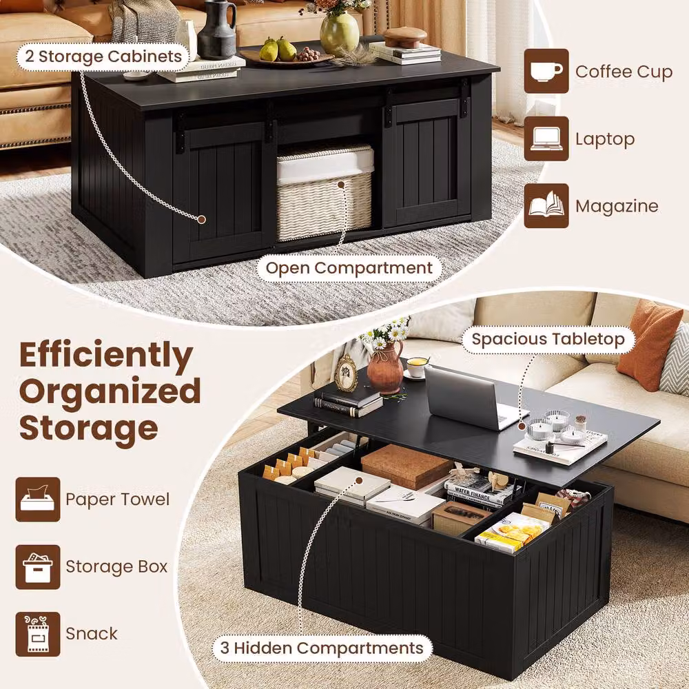 Costway Black Farmhouse Lift Top Coffee Table with Storage Doors – 6