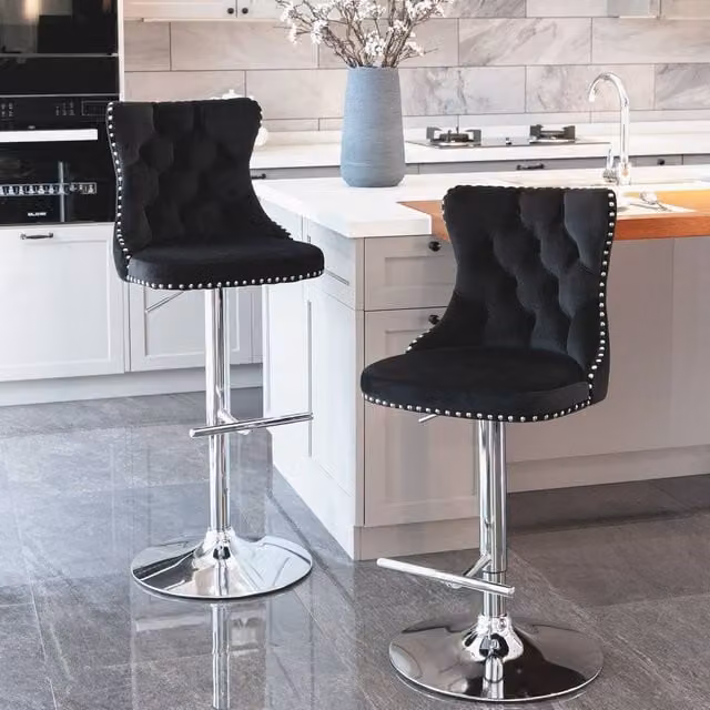Modern Home Touch Set of 2 Luxury Velvet Adjustable Swivel Bar Stools with Chrome Base in Black