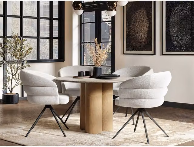 Solace+Co Deko Round Dining Table and Eira Chairs Set in Oak, Beige and Black, Diameter: 120 cm, Height: 75 cm