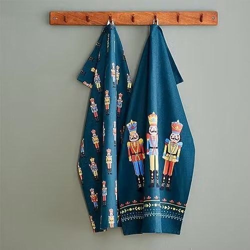 Catherine Lansfield Christmas Nutcracker Cotton Kitchen Tea Towels, Pack of 4, Green, W: 50 cm x H: 75 cm
