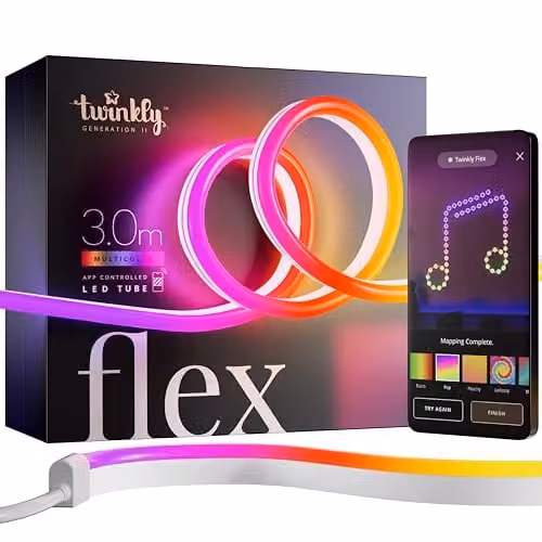 Twinkly Flex RGBIC LED Neon Tube Strip, Multicolour, 3 m, White Wire, Compatible with Alexa, Google Assistant and Apple HomeKit