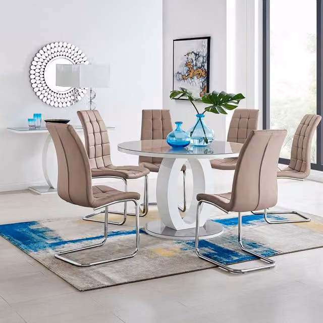 FurnitureboxUK Giovani Round Glass Dining Table and 6 Murano Chairs Set, Grey, Diameter: 120 cm