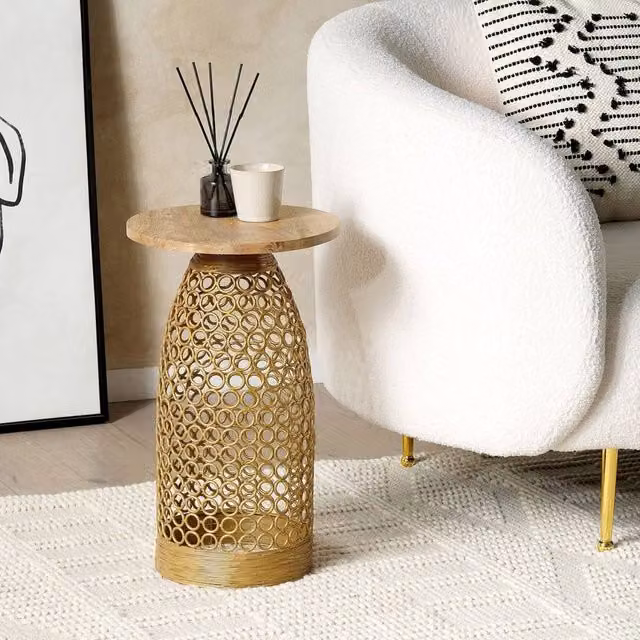 Wyld and Coco Round Mango Wood Side Table with Gold Metal Base, Diameter: 30 cm, Height: 30 cm