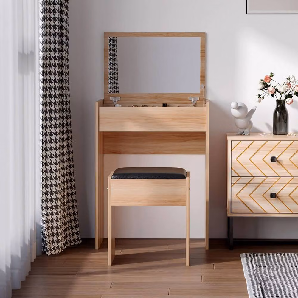 Wyld Haus Nolena Wood Effect Vanity Desk with Flip Mirror Storage and Cushioned Stool in Light Oak, W: 79.0 cm, D: 40.2 cm, H: 60.2 cm – 6