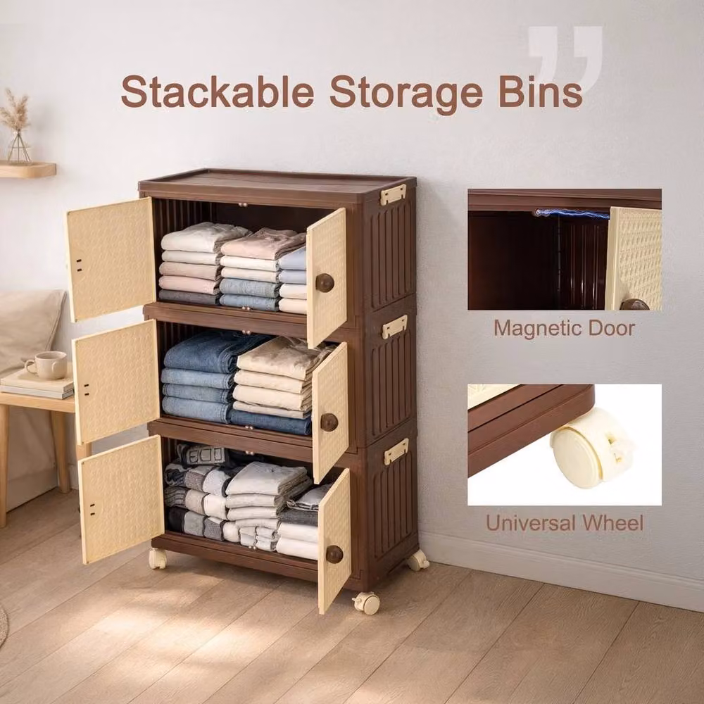 KORVIXA 3 Tier Large Foldable Storage Boxes with Hinged Doors, Brown, W/D/H: 100 x 100 x 100 cm – 4