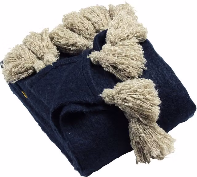 Navy and Beige Boho Tassel Pom-Pom Throw with Fringes