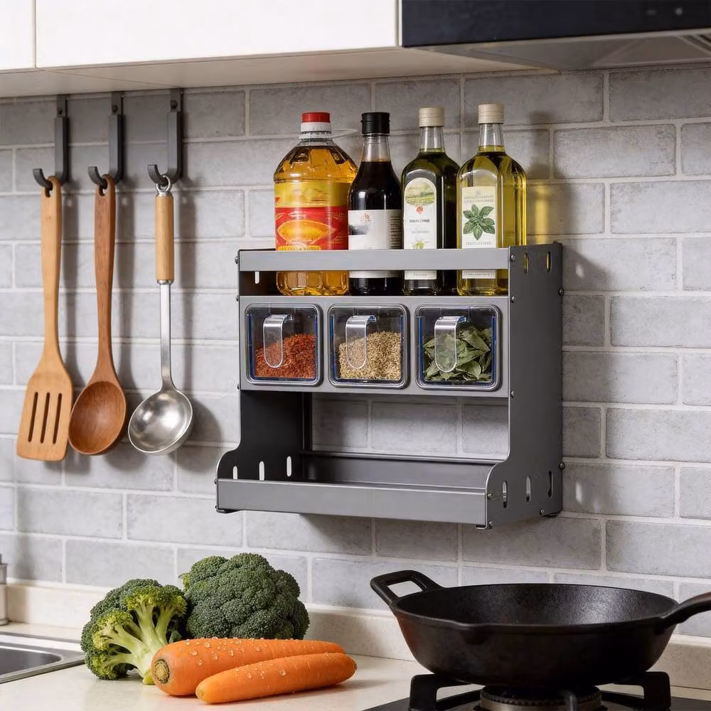 PAWNORA Wall Seasoning Spice Box with 3 Tiers and 3 Jars in Grey – 4