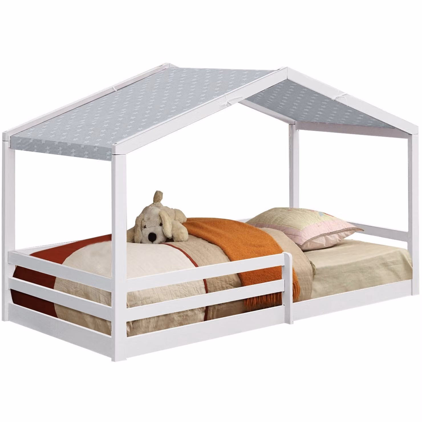 Comfy Living Single Wooden House Style Childrens Bed with Grey Tent Option, White, W/D/H: 90 x 190 cm – 2