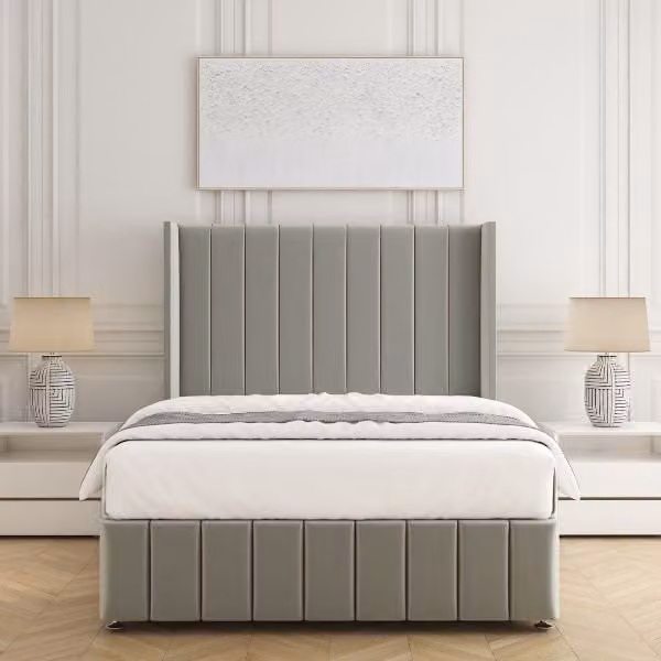 BSSPOKE Zoe Plush Velvet Divan Bed Set with 54 inch Headboard and Mattress in Silver, Small Double, W/D/H: 120 x 200 cm