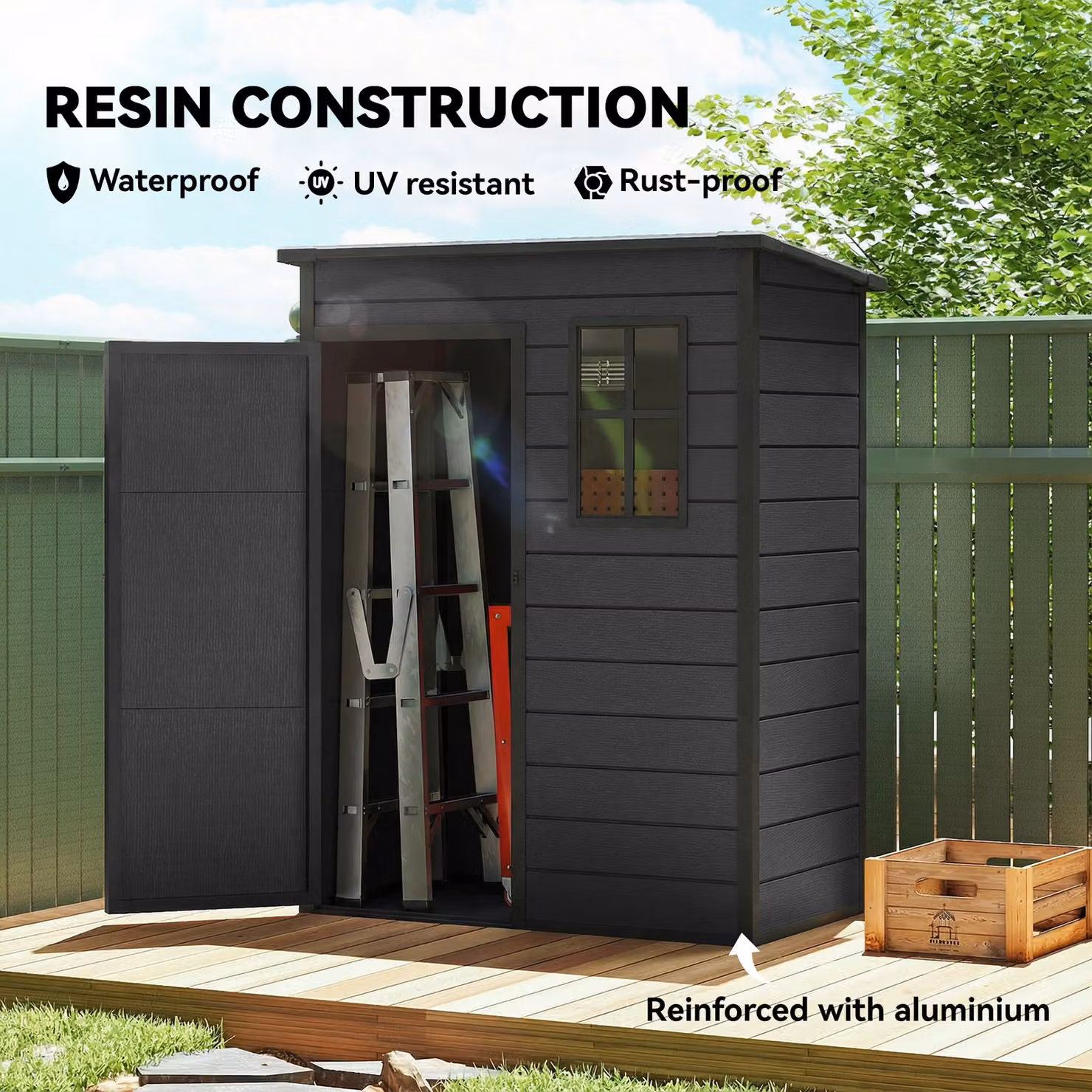 Outsunny Dark Grey Garden Storage Shed with Floor, Window and Lockable Door, W: 152.4 cm, D: 91.44 cm, H: 152.4 cm – 3