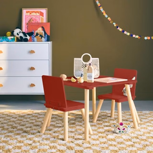 sweeek Childrens Square Table and 2 Chairs Set in Terracotta with Pine Legs