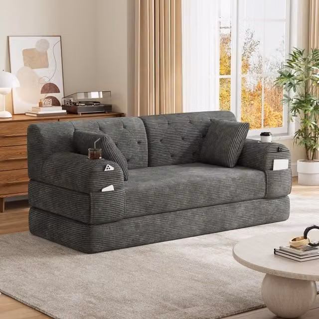 Aosom UK 2-Seater Convertible Sofa Bed with Metal Frame and High-Density Foam in Dark Gray, W: 80 cm, D: 168 cm, H: 81 cm – 1