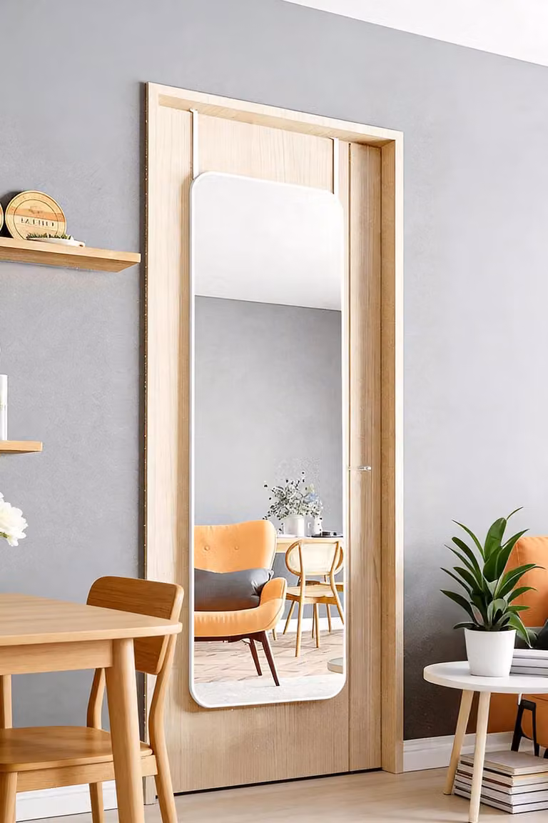 Living and Home Full Length Mirror with Rounded Corners, White, Wall or Door Hanging