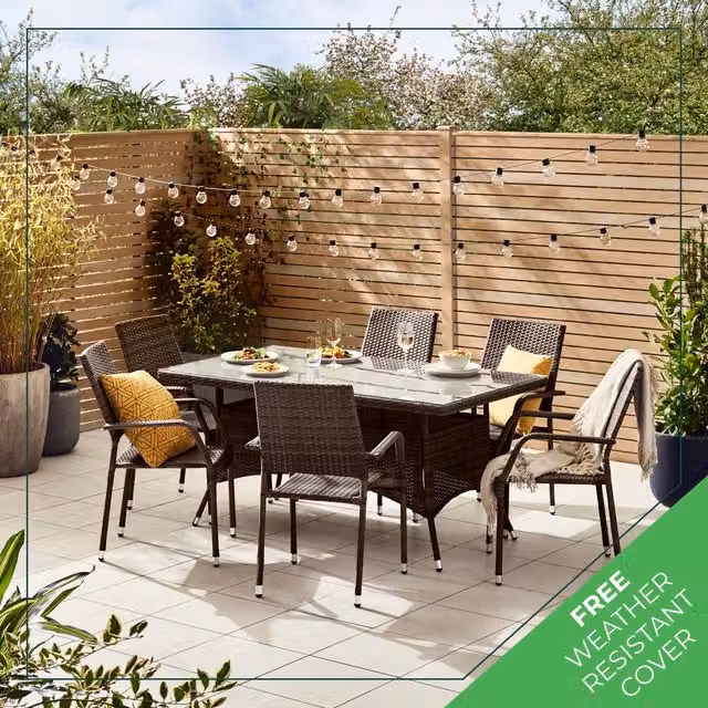 Furniturebox Antigua 6 Seat Brown Rattan Garden Dining Set with Glass Top