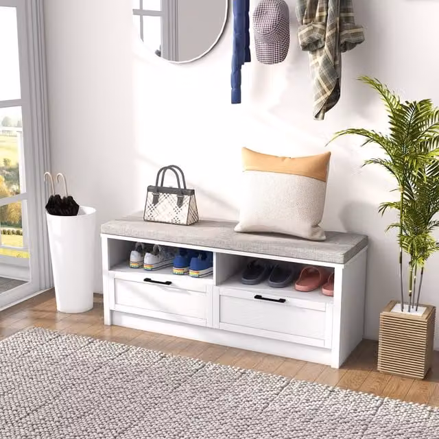 HOMCOM Modern White Shoe Storage Bench with Removable Fabric Cushion for Hallways and Entryways