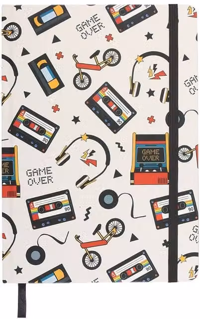 Kingsbury Gifts Retro 80s Print Lined A5 Notebook Journal in White and Multicolour