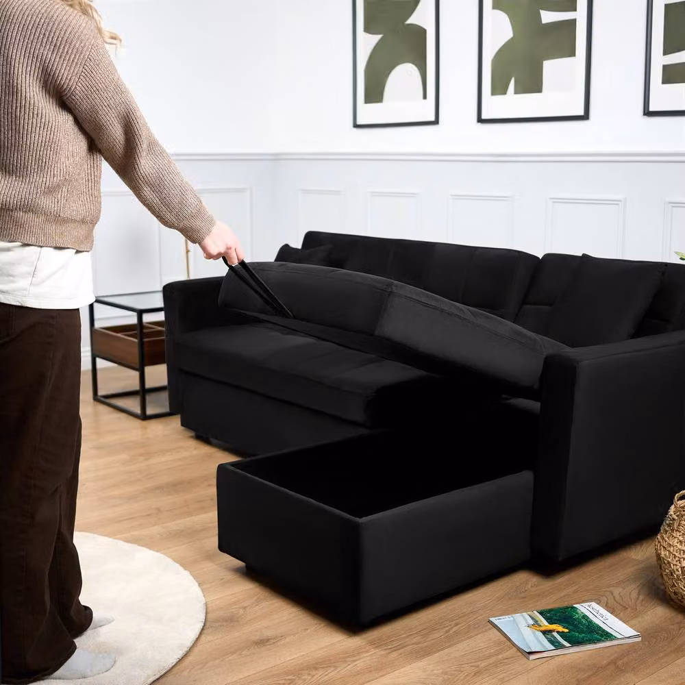 Bravich LTD Milo Reversible L-Shape Corner Sofa Bed with Storage in Black Velvet, W/D/H: 206 x 140 x 80 cm – 4