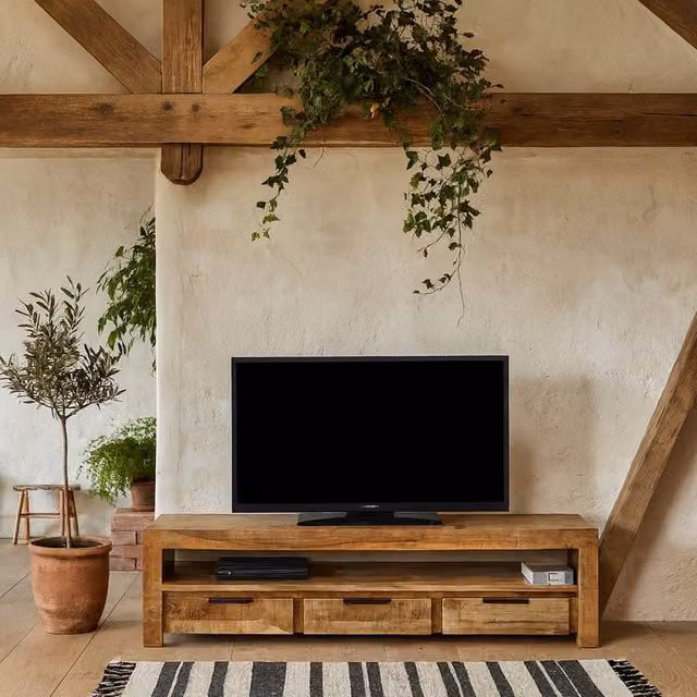 Wyld Haus London Natural Mango Wood Large TV Cabinet with 3 Drawers and 1 Shelf in Brown, W/D/H: 150 x 40 x 40 cm